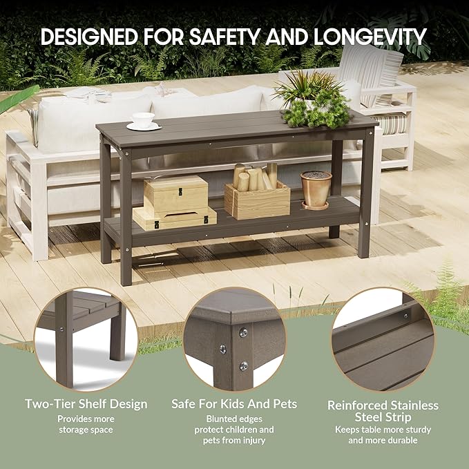 WestinTrends Malibu 55" Outdoor Patio HDPE Adirondack 2-Tier Shelf Console Table, Weathered Wood