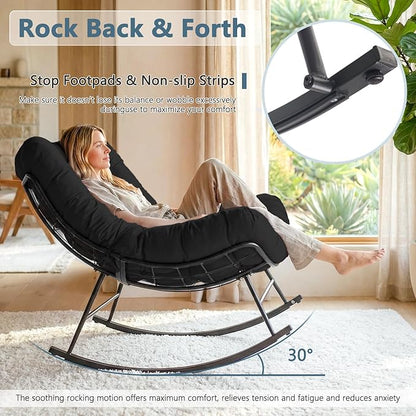 Cushioned Papasan Rocking Chair for Outdoor Indoor, Oversized Outdoor Rocking Chair with Cushion, Egg Rocker for Patio, Porch, Balcony, Lawn, Bedroom, Living Room, Black