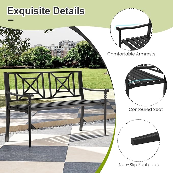 Tangkula Metal Outdoor Park Bench, Patio Garden Bench, Heavy-Duty Slatted Garden Bench for 2-3 People, Patio Park-Style Loveseat with Curved Armrests, Outdoor Seating for Backyard, Lawn, Porch
