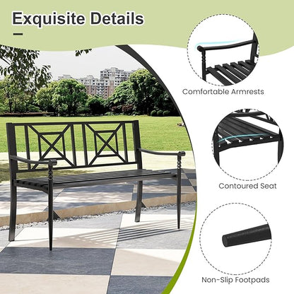 Tangkula 51" Metal Outdoor Park Bench, Slatted Garden Bench for 2-3 People, Patio Park-Style Loveseat with Curved Armrests, Heavy-Duty Outdoor Seating for Backyard, Lawn, Porch