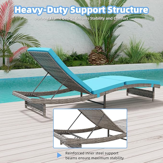 Long Reclining Chair Lounge Set (Set of 3), Modern Outdoor Patio Furniture with Adjustable Backrest & Side Table, Durable PE Wicker, Weather-Resistant Cushions, Blue