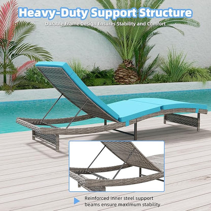 Long Reclining Chair Lounge Set (Set of 3), Modern Outdoor Patio Furniture with Adjustable Backrest & Side Table, Durable PE Wicker, Weather-Resistant Cushions, Blue