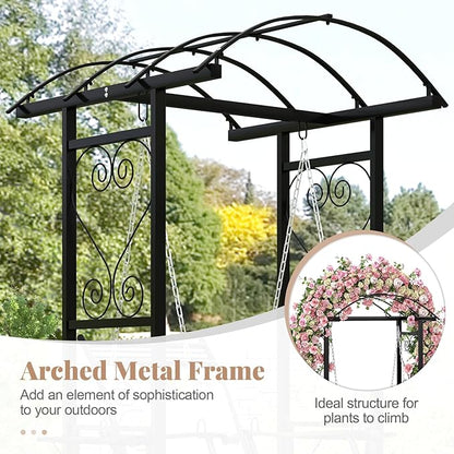 Tangkula Porch Swing with Stand, Outdoor Patio Swing with Heavy-Duty Metal Frame, Arch Trellis, Removable Cushions, Side Tables, Armrests for Garden, Balcony, Backyard and Poolside