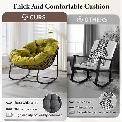 Large Indoor Outdoor Rocking Chair, Oversized Rocking Papasan Chair with Thick Cushion and Frame Outdoor Rocker, Comfy Wicker Egg Chairs Lounge for Outside Porch Patio Backyard Balcony (Olive Green)