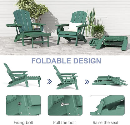 FOOWIN Adirondack Chair with Retractable Ottoman,HDPE Folding Adjustable Adirondack Chair w/4 in 1 Cup Holder Trays,All-Weather Resistant Fire Pit Chair for Outdoor Patio Lawn Set of 8