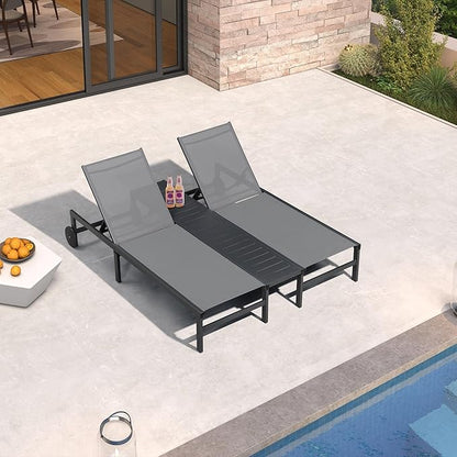 PURPLE LEAF Outdoor Double Chaise Lounge Modern Aluminum Lounge Chairs with Independently Adjustable Backrest Tanning Daybed Reclining Loveseat for Pool Beach Garden Patio Lounger Grey