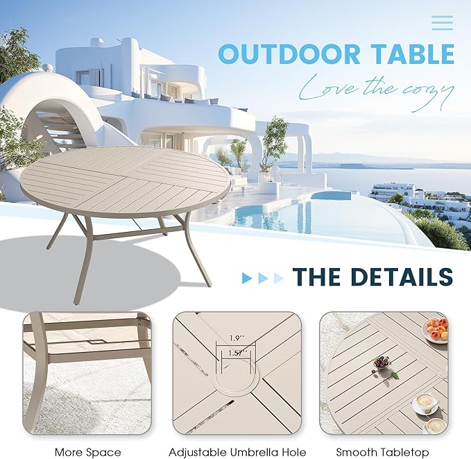 Patio Dining Table for 6, Round Metal Outdoor Table with Storage Shelf, 1.57" Umbrella Hole, 50" Outdoor Quartered Tabletop Dining Table for Backyard, Porch, Lawn, Sand