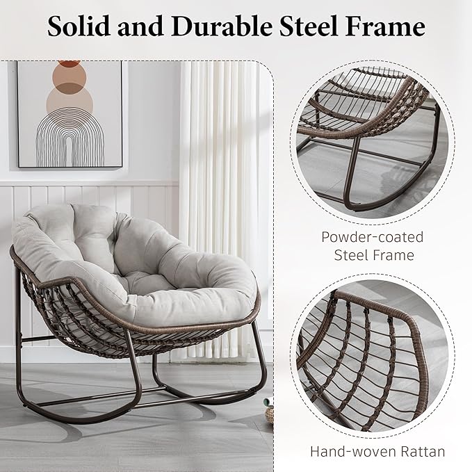 Large Indoor Outdoor Rocking Chair, Oversized Rocking Papasan Chair with Thick Cushion and Frame Outdoor Rocker, Comfy Wicker Egg Chairs Lounge for Outside Porch Patio Backyard (Beige, Set of 2)