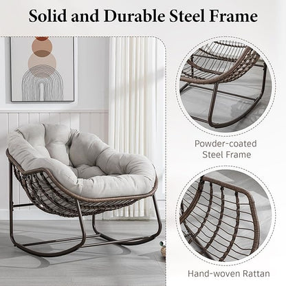 Large Indoor Outdoor Rocking Chair, Oversized Rocking Papasan Chair with Thick Cushion and Frame Outdoor Rocker, Comfy Wicker Egg Chairs Lounge for Outside Porch Patio Backyard (Beige, Set of 2)