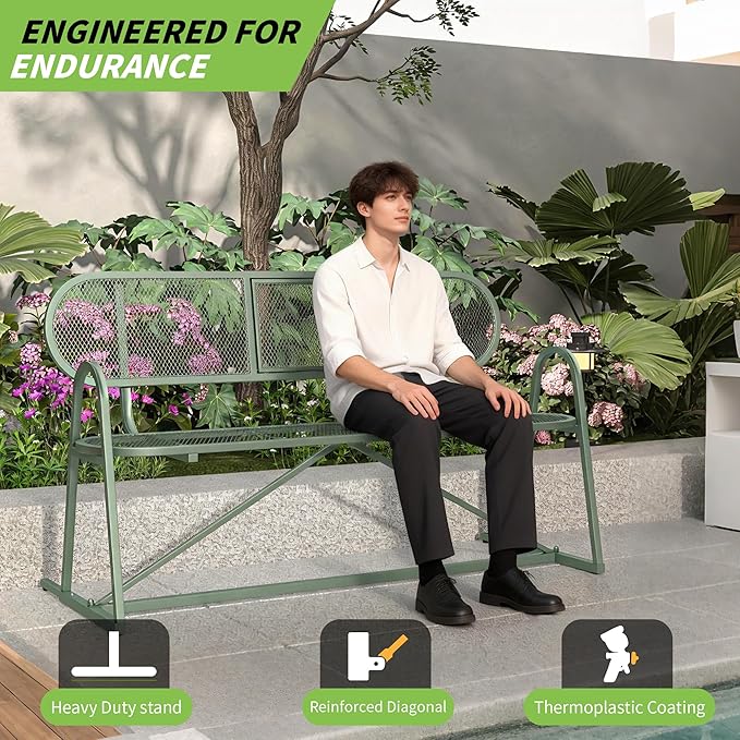 Outdoor Bench, Metal Mesh Garden Bench with Foldable Middle Table, 55" Weather Resistant Patio Park for 2-3 People, Decorative Porch Chair for Yard, Deck, and Lawn, Sage Green