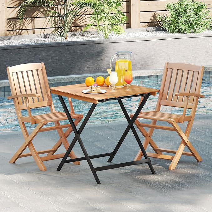 Tangkula 28-Inch Acacia Wood Patio Dining Table, Square Foldable Outdoor Table with Slatted Tabletop, Portable Outside Bistro Dining Table for Backyard, Porch, Balcony