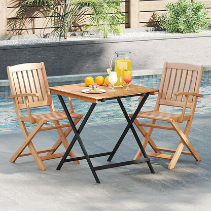 Tangkula 28-Inch Acacia Wood Patio Dining Table, Square Foldable Outdoor Table with Slatted Tabletop, Portable Outside Bistro Dining Table for Backyard, Porch, Balcony
