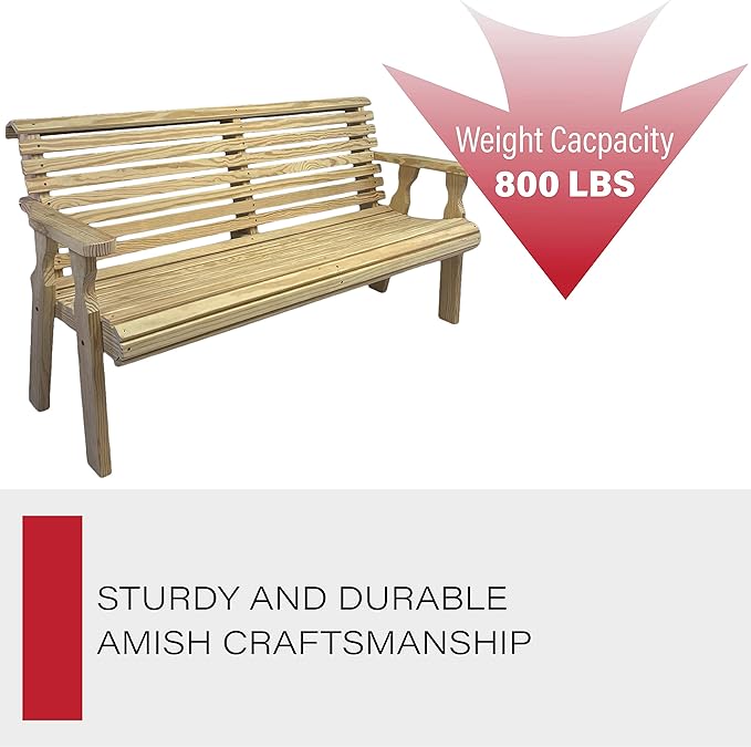 Amish Casual Heavy Duty Unfinished 5 Foot Roll Back Outdoor Bench - Amish Made in The USA from Treated Pine for Outdoor Durability, 700 Lb Weight Capacity