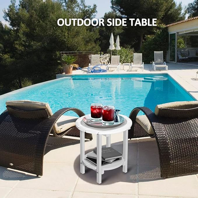 2 Tier Round Outdoor Side Table with Wood-Like Grain, 17.7" HDPE Adirondack Table Patio Side Table, Weather Resistant End Table for Pool, Patio & Porch, Small Outdoor Table (White, Round)
