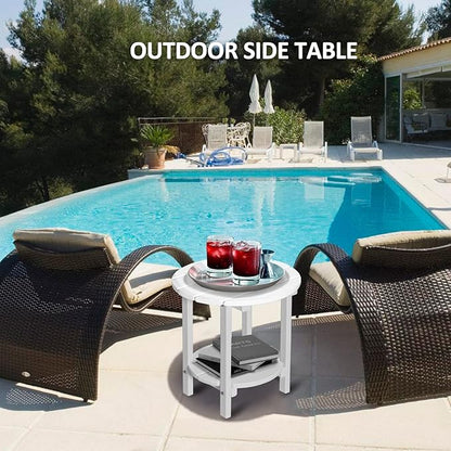 2 Tier Round Outdoor Side Table with Wood-Like Grain, 17.7" HDPE Adirondack Table Patio Side Table, Weather Resistant End Table for Pool, Patio & Porch, Small Outdoor Table (White, Round)