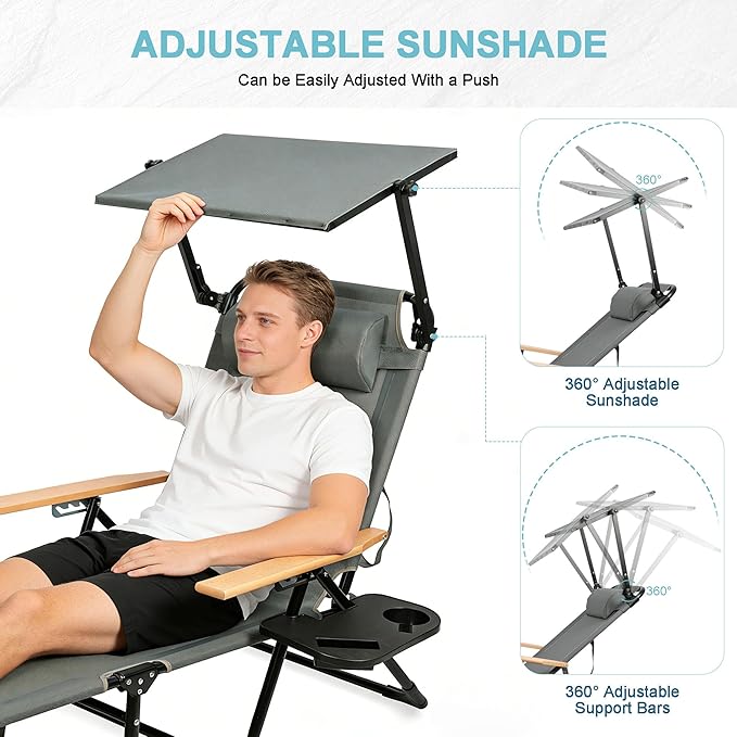 Outdoor Chaise Lounge Chair with 4-Position Adjustable Backrest,Patio Folding Sun Tanning Chair,Pillow & Cup Holder,Portable Recliner Sunbathing Lounger Chairs for Beach Garden (Grey with Shade)