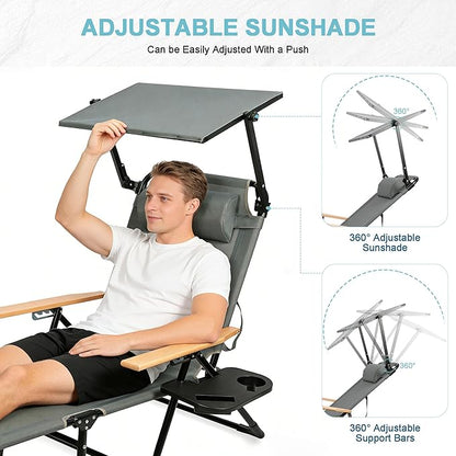 Outdoor Chaise Lounge Chair with 4-Position Adjustable Backrest,Patio Folding Sun Tanning Chair,Pillow & Cup Holder,Portable Recliner Sunbathing Lounger Chairs for Beach Garden (Grey with Shade)