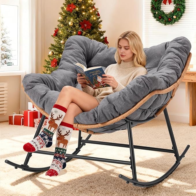 Outdoor Rocking Chair, Oversized Papasan Reading Chair Indoor with Thick Cushion, Comfy Rattan Rocker Egg Chair for Patio, Garden, Balcony, Lawn, Backyard, Bedroom, up to 450lbs, Dark Gray