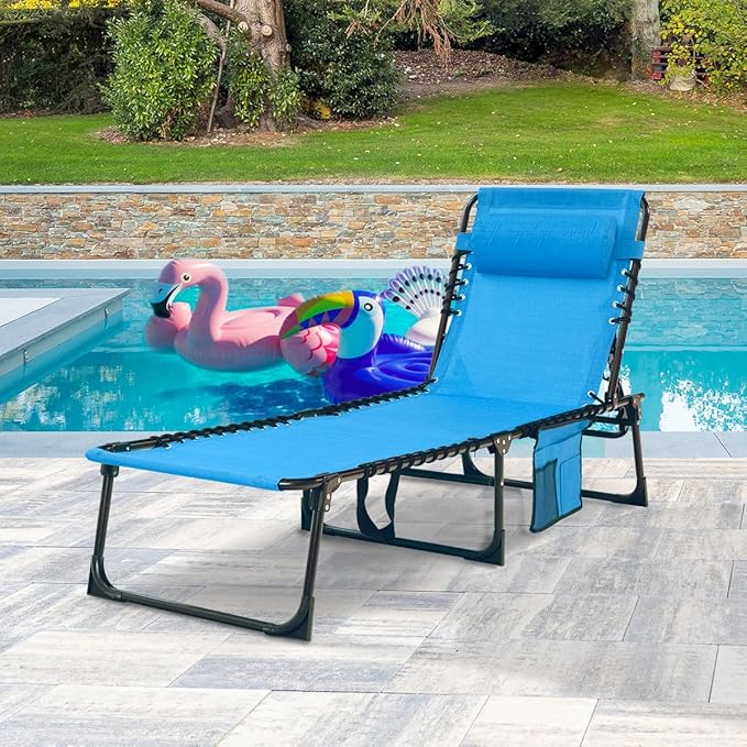 Patio Lounge Chair Folding Chaise Bed - Heavy-Duty 400lb Capacity Portable Adjustable Recliner w/Pillow for Pool, Camping, Sunbathing - Lay Flat Design (Blue)