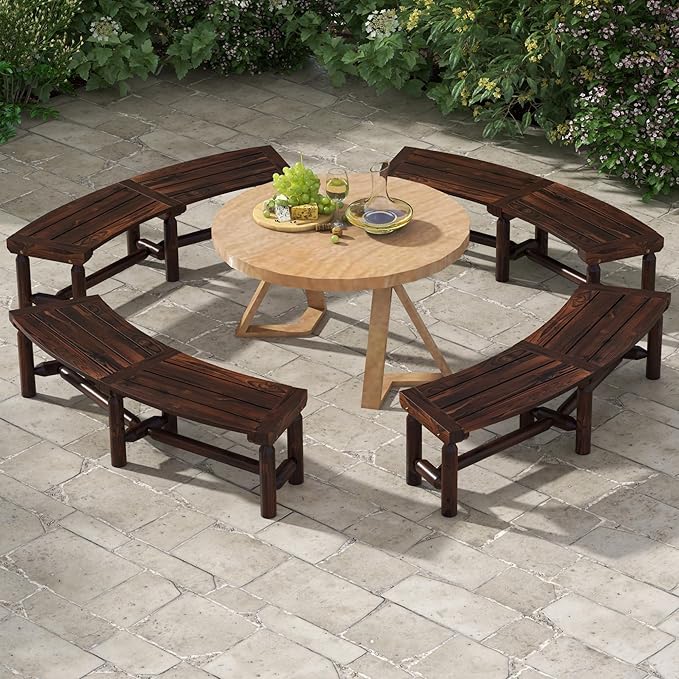 Tangkula Patio Curved Bench Set of 4, Carbonized Wood Dining Bench, Spacious & Slatted Seat, 710 LBS Max Load, 2-Person Wood Fire Pit Bench for Backyard, Garden, Porch