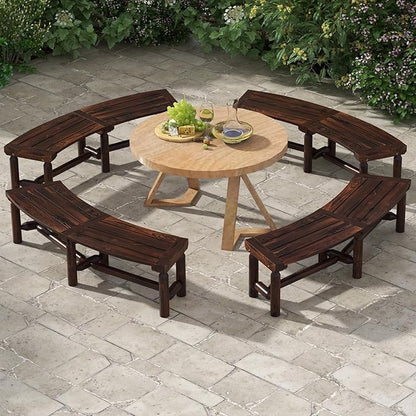Tangkula Patio Curved Bench Set of 4, Carbonized Wood Dining Bench, Spacious & Slatted Seat, 710 LBS Max Load, 2-Person Wood Fire Pit Bench for Backyard, Garden, Porch