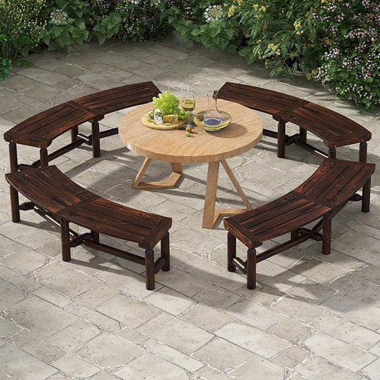 Tangkula Patio Curved Bench Set of 4, Carbonized Wood Dining Bench, Spacious & Slatted Seat, 710 LBS Max Load, 2-Person Wood Fire Pit Bench for Backyard, Garden, Porch
