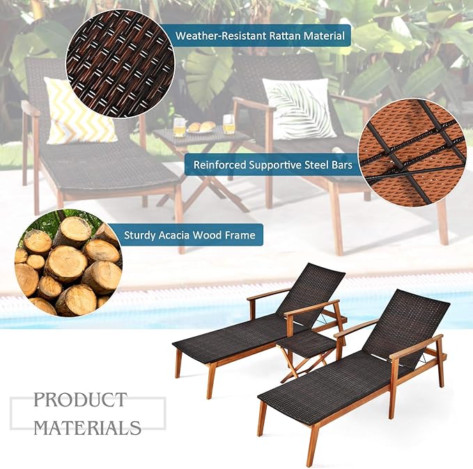 Tangkula 3 Pieces Outdoor Chaise Set, Wicker Rattan Lounge Chair w/Acacia Wood Frame - Photo 5