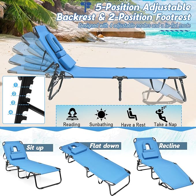 HAPPYGRILL 2PCS Foldable Beach Chaise Lounge Chair with Face Hole & Detachable Pillows - Photo 6