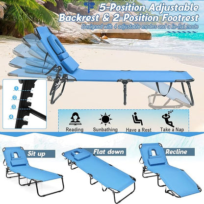 HAPPYGRILL 2PCS Foldable Beach Chaise Lounge Chair with Face Hole & Detachable Pillows, Portable Sunbathing Tanning Chair with 5 Adjustable Positions, Outdoor & Indoor Recliner for Beach Camping Patio