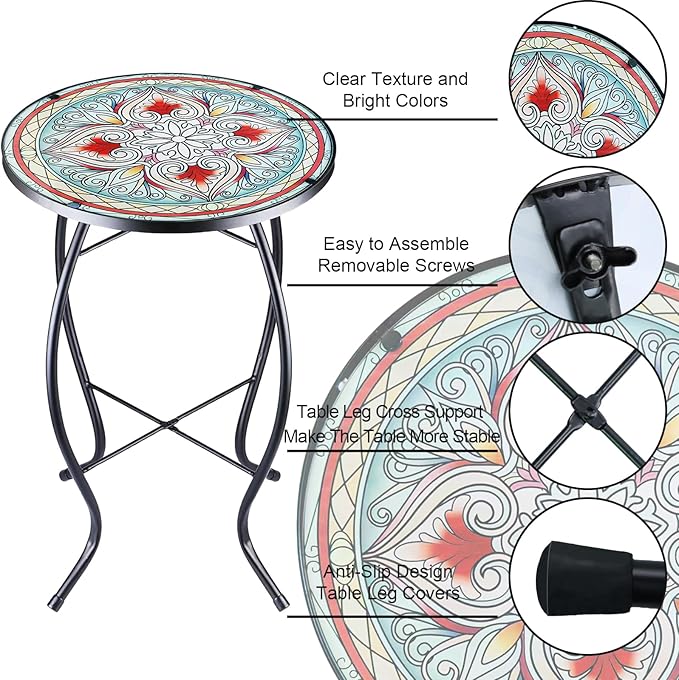 14 Inch Small Outdoor Side Table with Red Flower, Glass Mosaic Patio Table Indoor - Photo 4