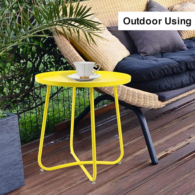 J.M.Deco Outdoor Side Table Set of 2, Small Round Patio Table Weather Resistant Steel, Small Accent End Table for Patio Yard Garden, Balcony, Bedside, Indoor & Outdoor (Yellow)