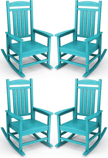 KINGYES HDPE Outdoor Rocking Chair Set of 4, All-Weather Poly Patio Rocking Chairs with 330lbs Support for Adults, Aruba Blue
