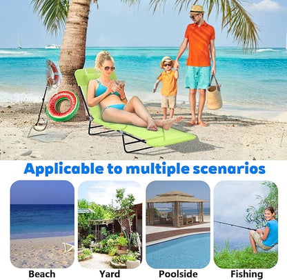 Outdoor Tanning Chair with Pillow, Folding Chaise Lounge Chair with Adjustable Backrest, Portable Lay Flat Beach Lounge Chairs for Sunbathing Poolside Patio Lawn Camping(Green 2)