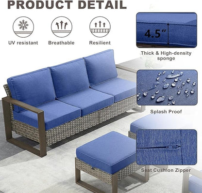 Rilyson Outdoor Couch Wicker Patio Sofa, Rattan Patio Furniture Sofa with Sturdy Frame,All-Weather PE Wicker,Wide Armrest,Deep Seating and Thick Cushions for Deck Porch Garden(Mixed Grey/Blue)
