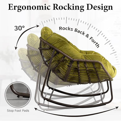 Large Indoor Outdoor Rocking Chair, Oversized Rocking Papasan Chair with Thick Cushion and Frame Outdoor Rocker, Comfy Wicker Egg Chairs Lounge for Outside Porch Patio Backyard (Olive Green, Set of 2)