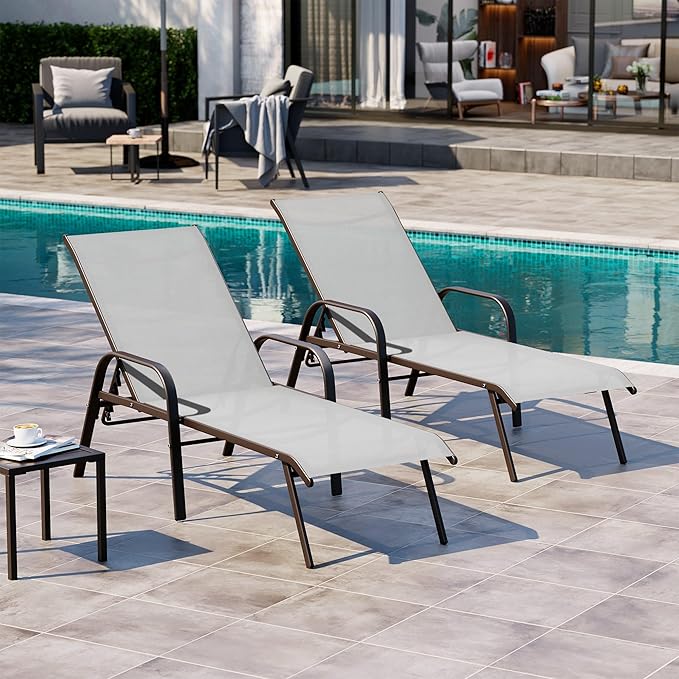 Crestlive Outdoor Chaise Lounge Chair,5-Position Pool Lounge Chairs with Armrests Sunbathing Recliner for Patio,Beach,Deck,Yard (2PC Gray)