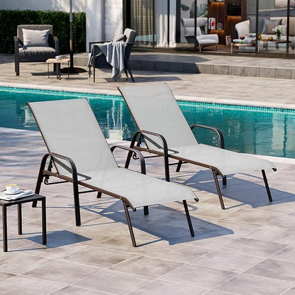 Crestlive Outdoor Chaise Lounge Chair,5-Position Pool Lounge Chairs with Armrests Sunbathing Recliner for Patio,Beach,Deck,Yard (2PC Gray)