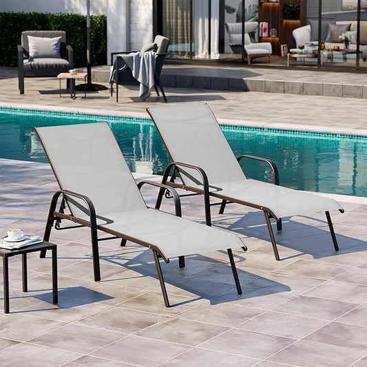 Crestlive Outdoor Chaise Lounge Chair,5-Position Pool Lounge Chairs with Armrests Sunbathing Recliner for Patio,Beach,Deck,Yard (2PC Gray)