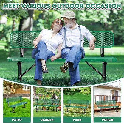Outdoor Garden Bench, Cast Iron Metal Frame Patio Park Bench with Backrest, Portable Expanded Metal Black Bench, Commercial-Grade Outdoor Seating for Lawn, Patio, Park, Yard, Garden (Green, 6FT/72')