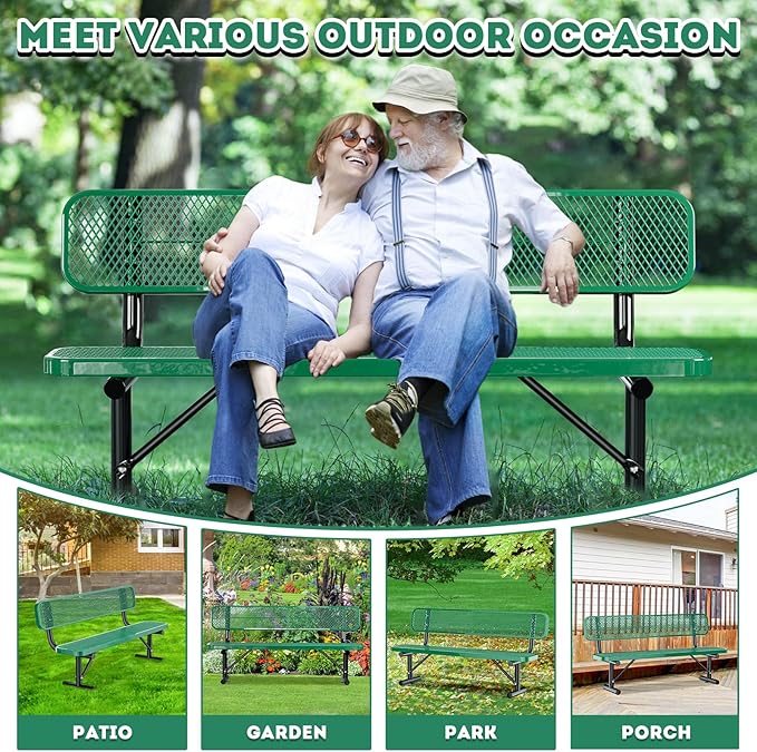Heavy-Duty Park Bench for Outside - Black Coated Outdoor Furniture Steel Bench, Commercial-Grade Outdoor Benches Weatherproof for Park, Patio, Porch (Portable with Back, 4/6/8 Ft) (Green, 6FT)