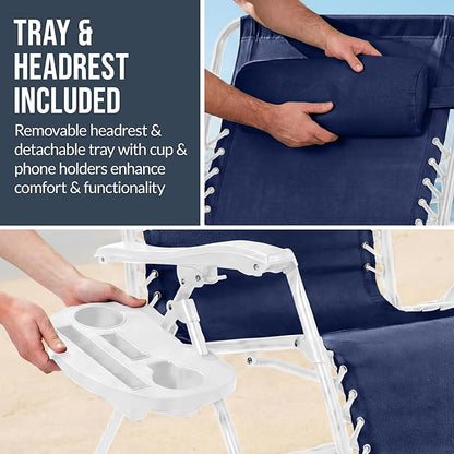 Best Choice Products Set of 2 Extra Wide Adjustable Steel Mesh Zero Gravity Lounge Chair Recliners w/Pillows and Cup Holder Trays - Navy/White