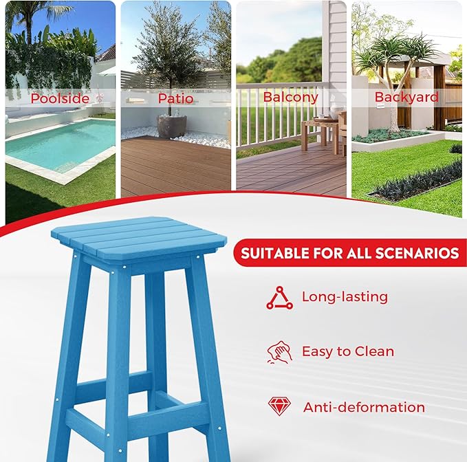 Costaelm 29" Height Outdoor Bar Stools, All-Weather Bar Stools, Adirondack Poly Patio Square Bar Stool for Patio, Deck, Kitchen Counter and Garden, Pacific Blue