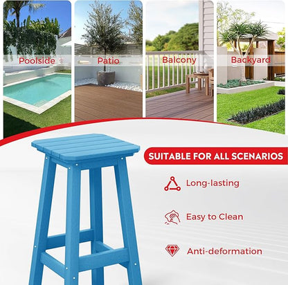 Costaelm 29" Height Outdoor Bar Stools, All-Weather Bar Stools, Adirondack Poly Patio Square Bar Stool for Patio, Deck, Kitchen Counter and Garden, Pacific Blue