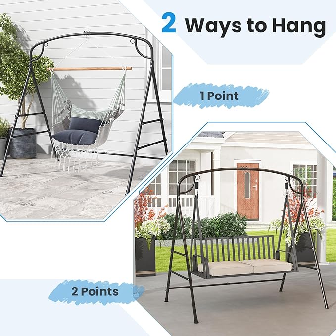 Tangkula Metal Swing Frame, Porch Swing Stand with Extra Side Bars, 3-Ring Design, Heavy Duty A-Frame Swing Stand Frame Outdoor for Lawn, Garden, Backyard
