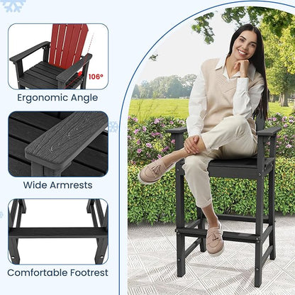 Tangkula Outdoor Tall Adirondack Chair 30 Inches Seat Height, HDPE Bar Height Patio Chair with High Backrest, Armrests and Footrest, Outdoor Bar Stool for Balcony Deck Garden Poolside (2, Black)