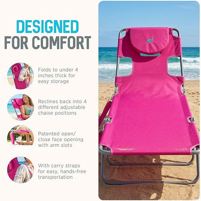 Ostrich the Original Chaise 72 x 22 Inch Lounge Portable Reclining Lounger, Outdoor Patio, Beach, Lawn, Camping, or Pool Tanning Chair, Pink
