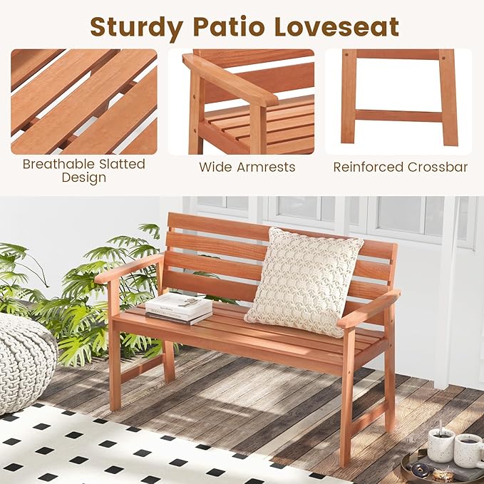 Tangkula 48 Inch Hardwood Outdoor Bench with Backrest, Wood Patio Loveseat Chair with Breathable Slatted Seat & Backrest, Ergonomic Outside Bench for Backyard, Balcony, Garden & Porch