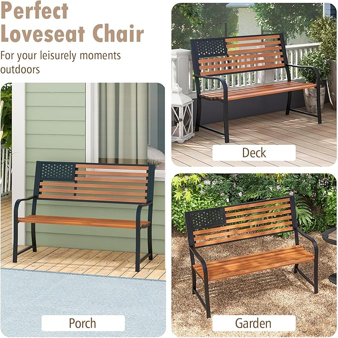 Giantex Outdoor Bench, 2-Person Metal Garden Bench with American Flag Backrest, Curved Armrests & Slatted Seat, 660 Lbs Capacity, Outdoor Bench for Lawn, Porch, Yard, Park Bench