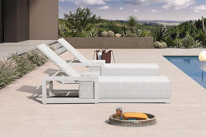 PURPLE LEAF Outdoor Chaise Lounge Set of 2, PU Leather Patio Lounge Chair Aluminum Pool Lounge Chairs with 5-Position Adjustable Backrest for Pool, Deck, Garden, Sunbathing, White