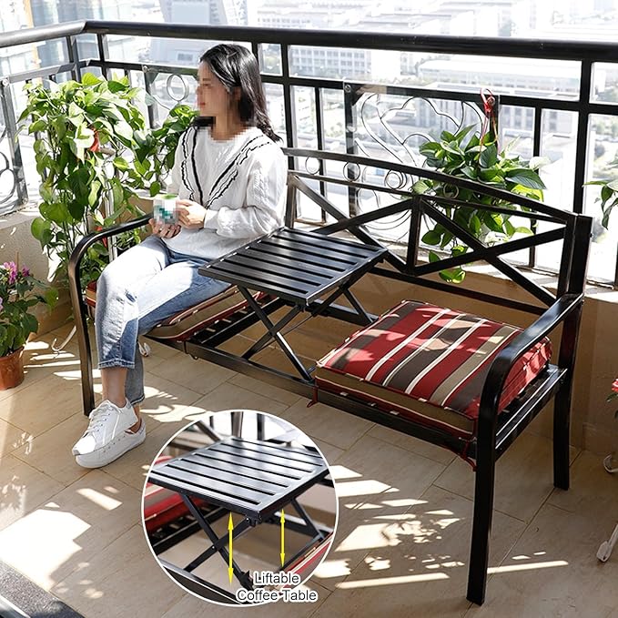 Outdoor Powder Coated Steel Park Bench, Weatherproof Outdoor Bench with Pull-Out Table, Metal Garden Bench for Garden, Patio, Porch, Max Load 660 LBS